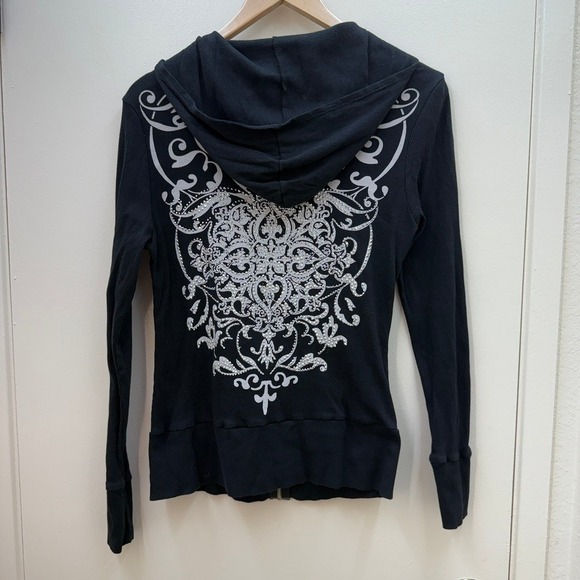 VTG Y2K Liberty Wear Black Zip Up Hoodie Sz L Rhinestone Grunge Streetwear Moto - Picture 2 of 9